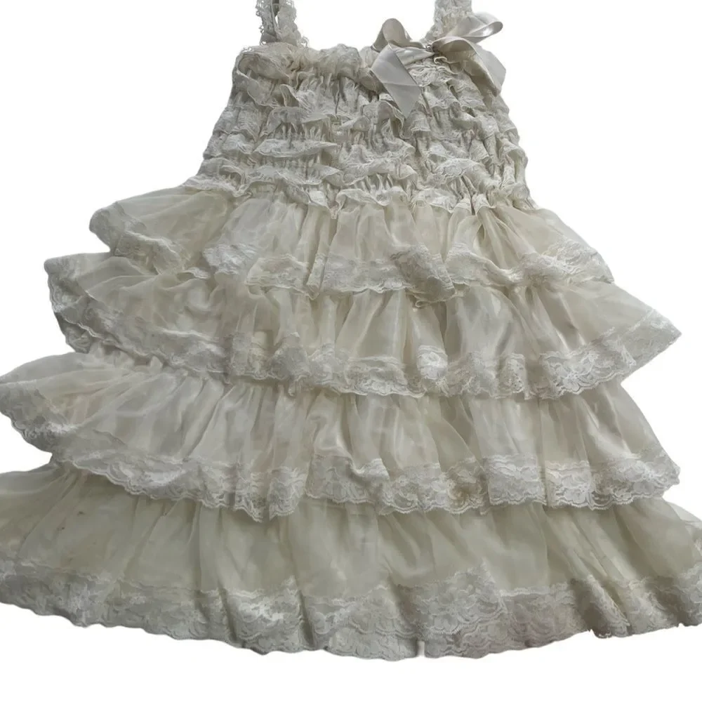 Girls Vintage 1990s Cream Tiered Lace Cottagecore Dress
